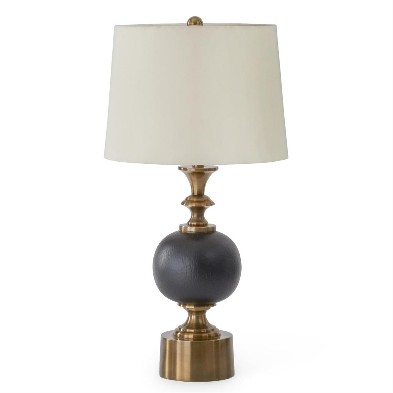 A table lamp with a tapered off-white fabric shade, a textured dark gray spherical base, and an antique brass-finished metal neck and pedestal base, shown on a plain white background.