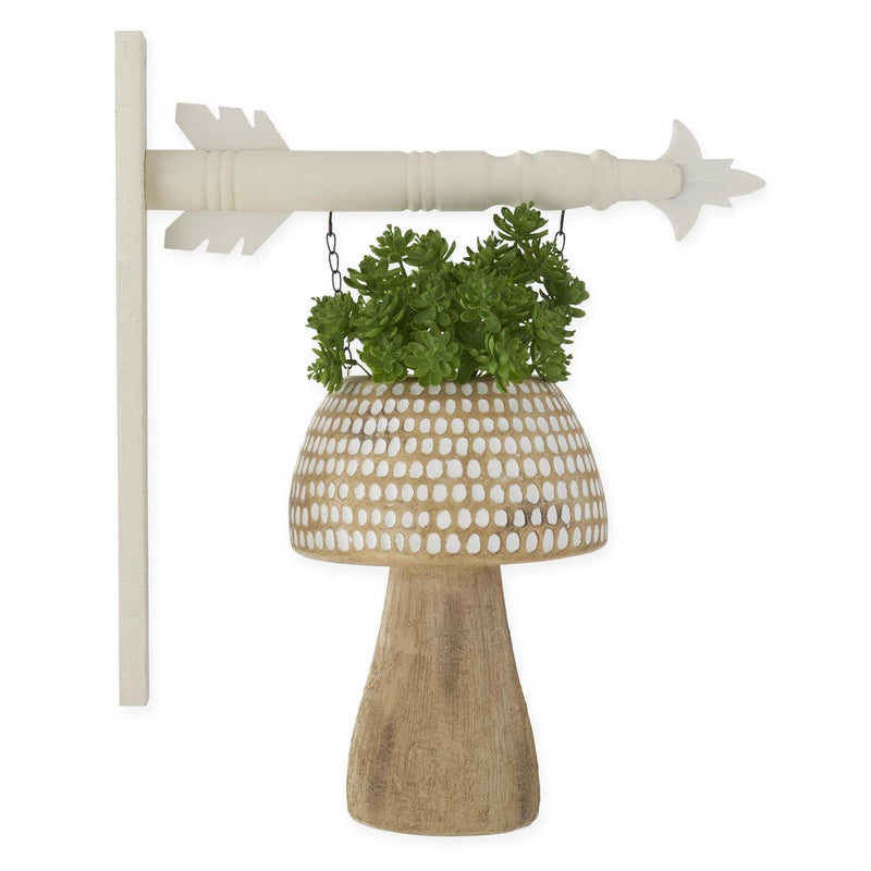 Decorative hanging planter with wooden base and white polka dot pattern on a white background