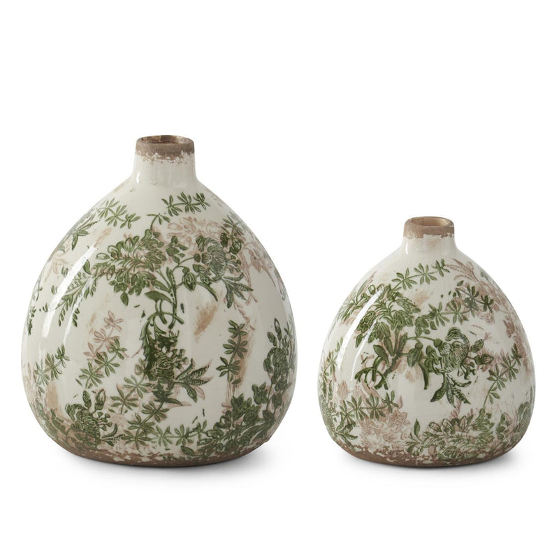 Green & Cream w/Brown Crackled Ceramic Chinoiserie Vases