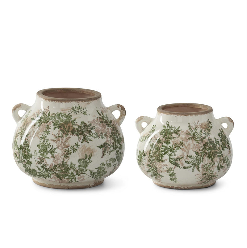 Green & Cream w/Brown Crackled Ceramic Chinoiserie Pots