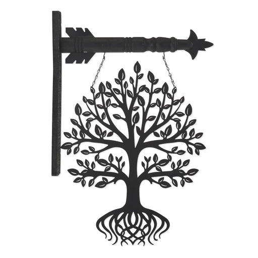Decorative metal wall art with a tree design and an arrow on a white background