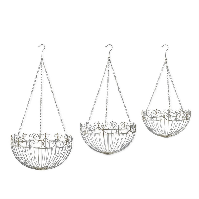 Three decorative metal hanging baskets with chains on a white background