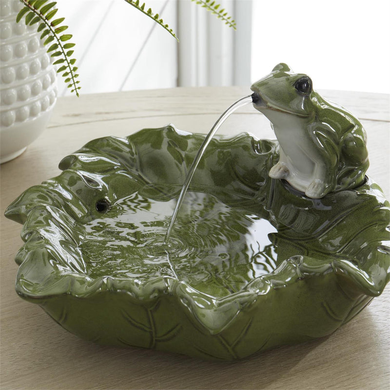 Green Leaf & Frog Ceramic Fountain
