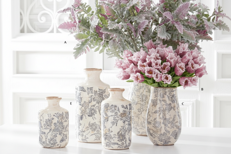 White & Gray Floral Ceramic Vases- 3 Styles