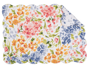 Floral-patterned placemats with scalloped edges on a white background