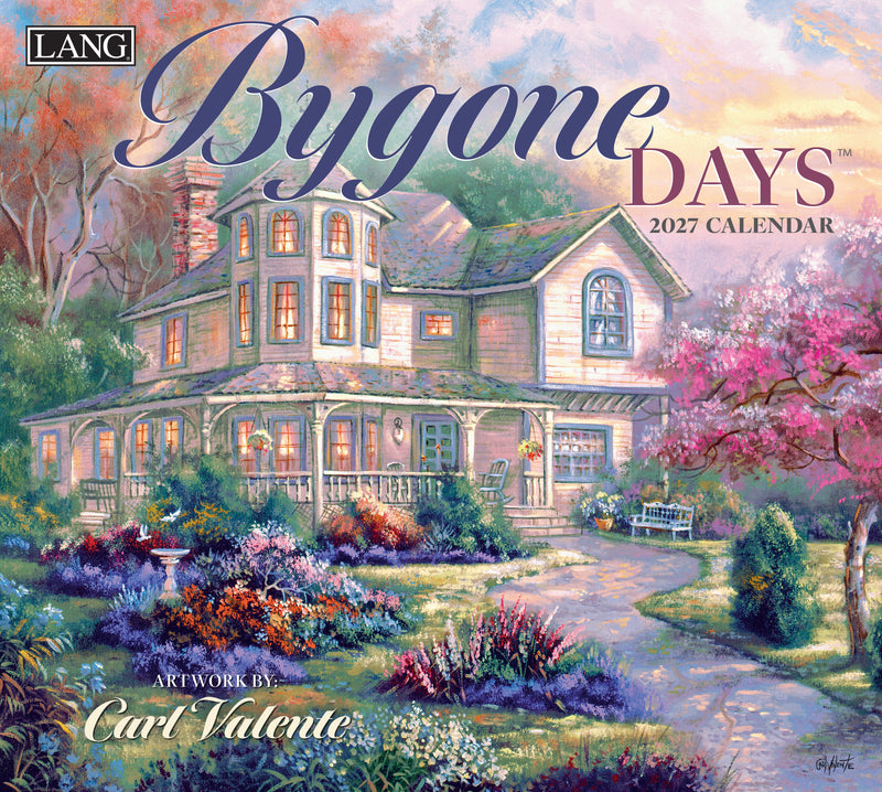 Calendar cover featuring a picturesque house with a garden, colorful flowers, and a clear sky.