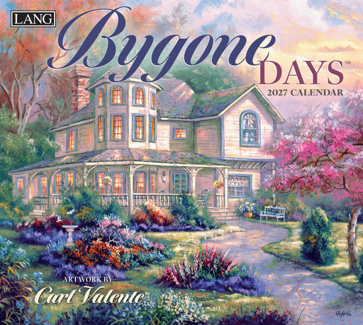 Calendar cover featuring a picturesque house with a garden, colorful flowers, and a clear sky.