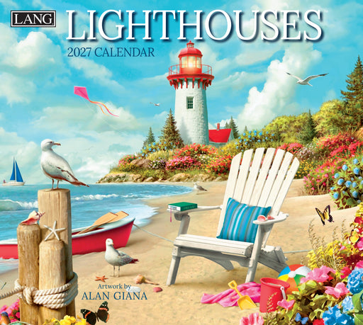 2027 calendar cover with a lighthouse, beach chair, and seagulls