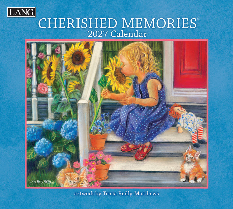 2027 Cherished Memories calendar cover with a girl on steps surrounded by flowers and a cat.
