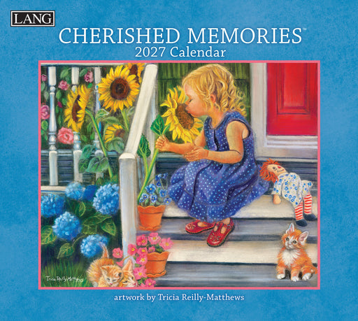 2027 Cherished Memories calendar cover with a girl on steps surrounded by flowers and a cat.