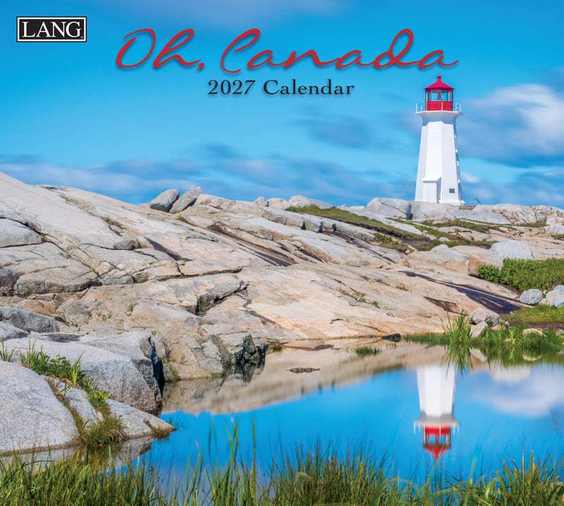 2027 calendar cover with a lighthouse on rocks and water, featuring the brand 'LANG'.