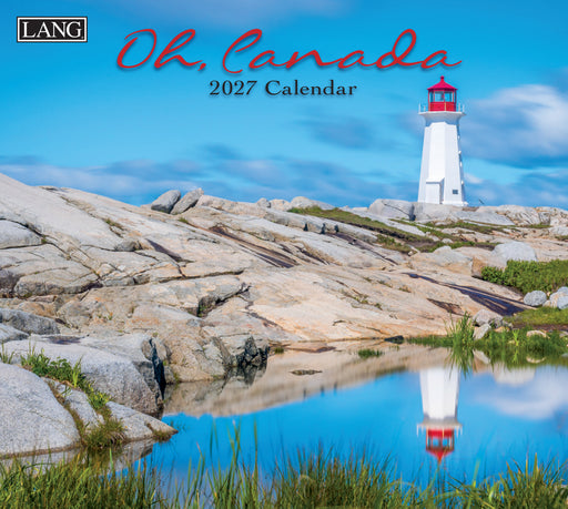 2027 calendar cover with a lighthouse on rocks and water, featuring the brand 'LANG'.