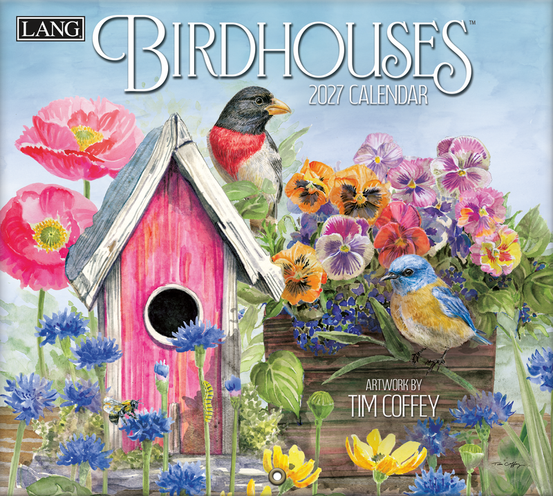 2027 calendar cover with birdhouses and flowers, artwork by Tim Coffey