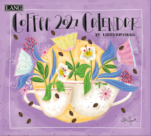 Coffee-themed calendar cover with floral design and 'LANG' branding on a purple background