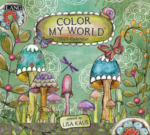 2027 calendar cover with colorful mushrooms and flowers, featuring the brand 'LANG' and artist 'Lisa Kaus'.