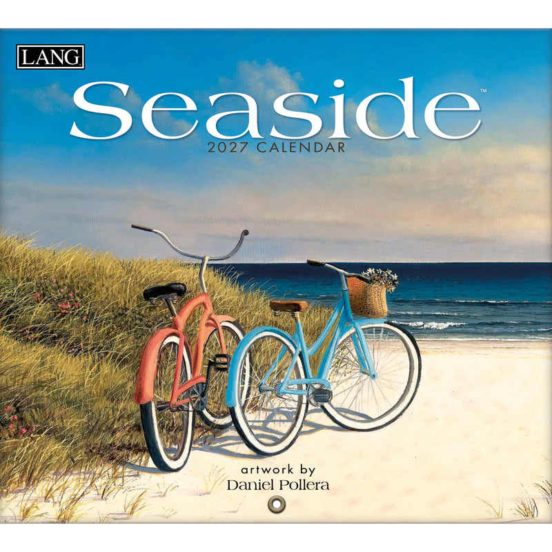 Seaside 2027 calendar with two bicycles on a beach