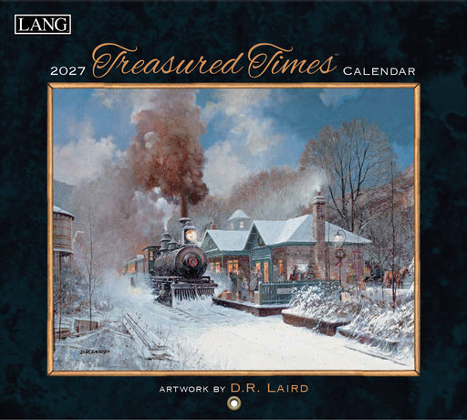 2027 Treasured Times calendar by Lang with a steam train painting on a dark blue background
