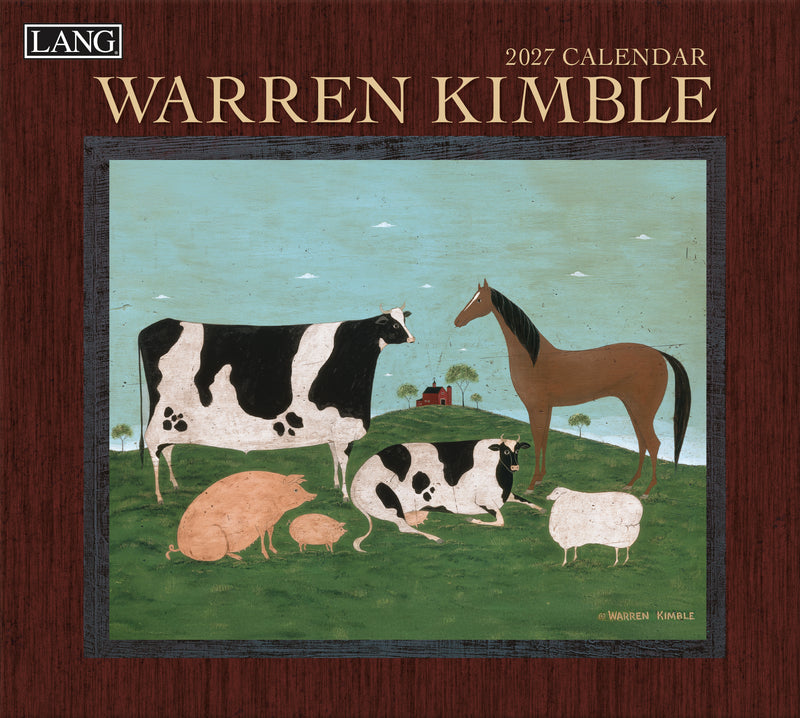 2027 calendar cover featuring artwork of a cow, horse, and sheep on a grassy field with a barn in the background.