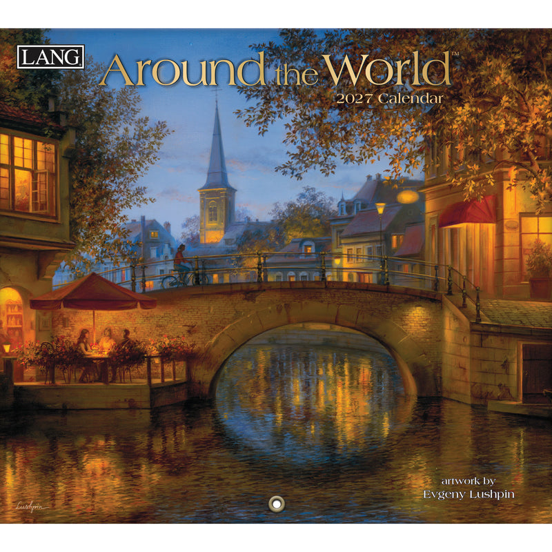 2027 calendar cover featuring a picturesque town scene with a bridge over water.