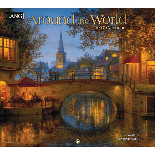 2027 calendar cover featuring a picturesque town scene with a bridge over water.