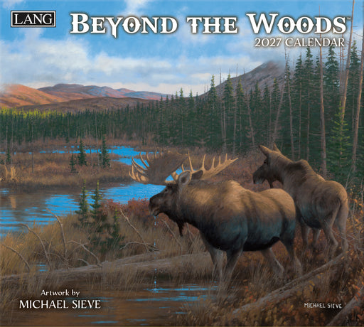 Calendar cover featuring two moose near a lake with mountains in the background, artwork by Michael Sieve.