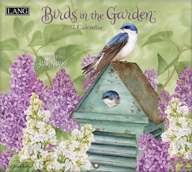 2027 calendar cover with birds and a birdhouse surrounded by flowers, featuring the brand 'LANG'.