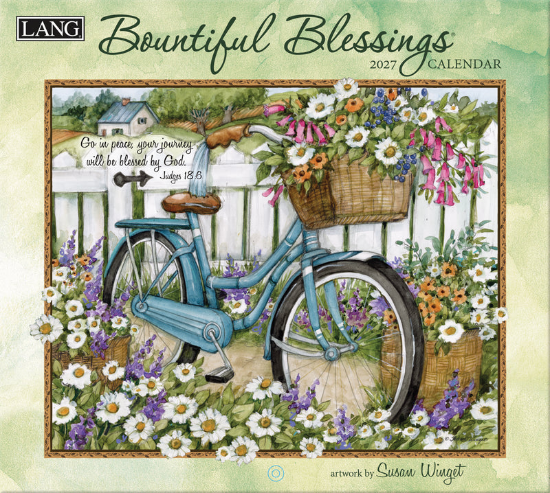 2027 Bountiful Blessings calendar with a bicycle and flowers design.
