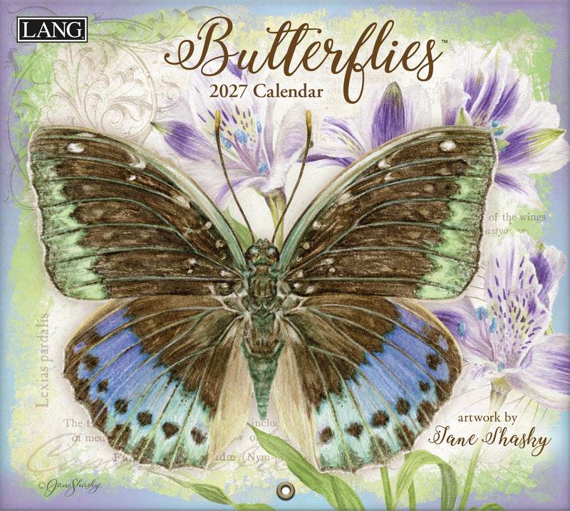 2027 Butterflies calendar with a butterfly illustration on a floral background, featuring the brand 'LANG'.