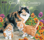 Calendar cover featuring a cat and two kittens among flowers with 'LANG' branding.