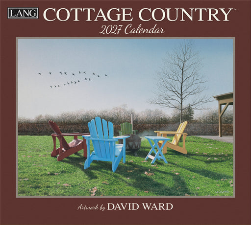 2027 calendar cover for 'Cottage Country' with outdoor scene and colorful chairs.