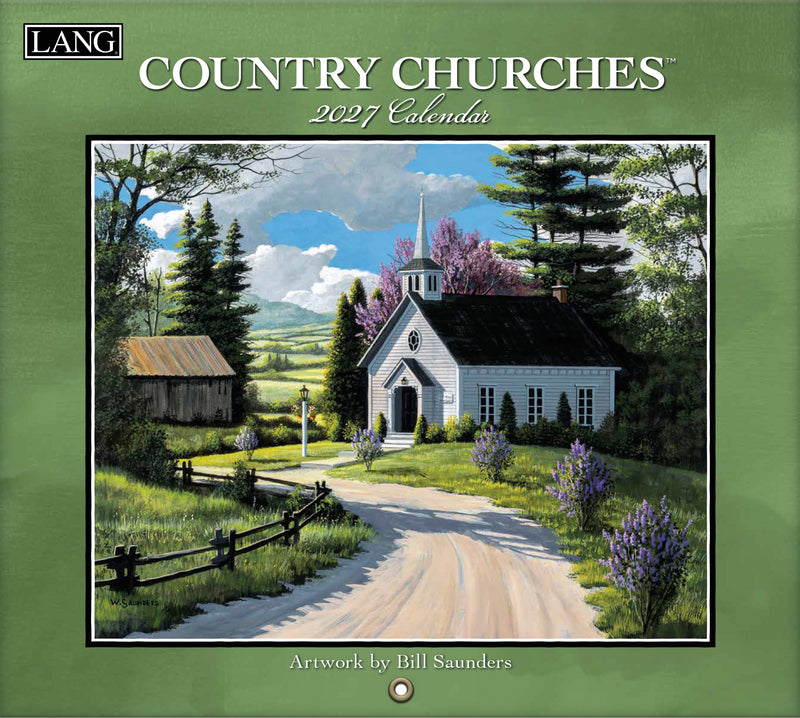 Calendar cover of 'Country Churches' with a painting of a church and surrounding landscape on a green background.