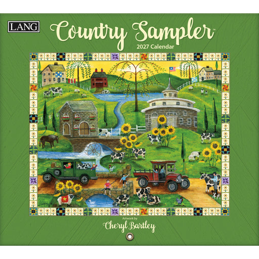 2027 Country Sampler calendar by Lang with a green border and colorful illustration of a farm scene.