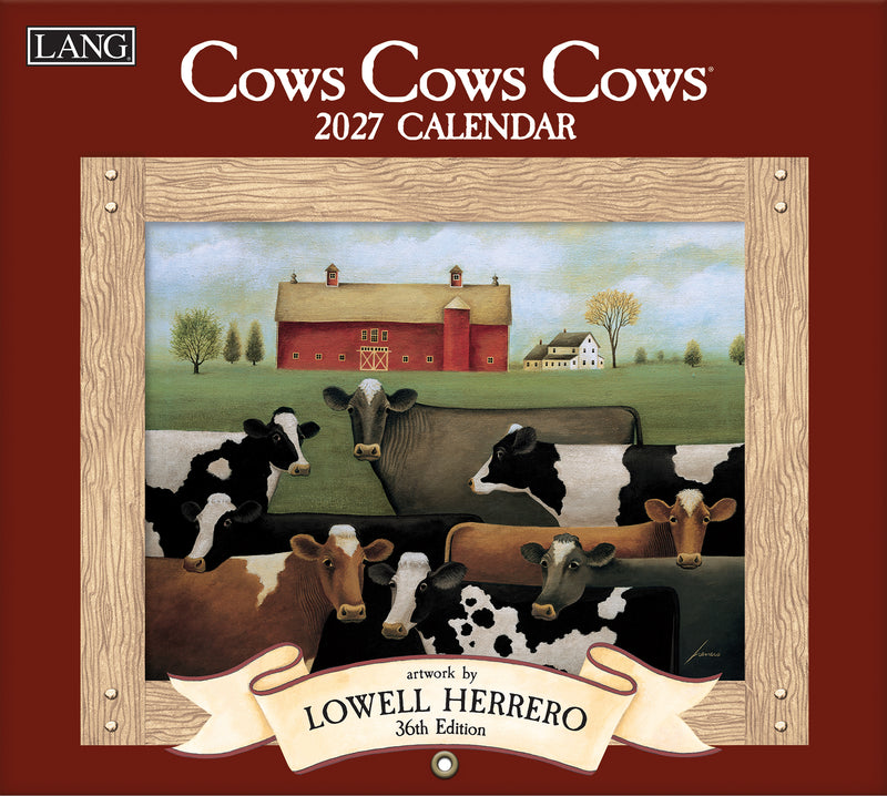 2027 calendar cover with cows and a barn illustration, featuring the artist Lowell Herrero.