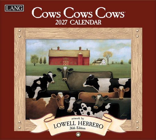 2027 calendar cover with cows and a barn illustration, featuring the artist Lowell Herrero.