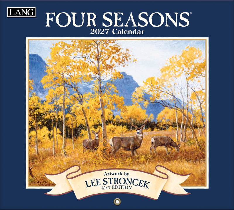 Four Seasons 2027 calendar with deer in a forest design by Lee Stroncek on a blue background.