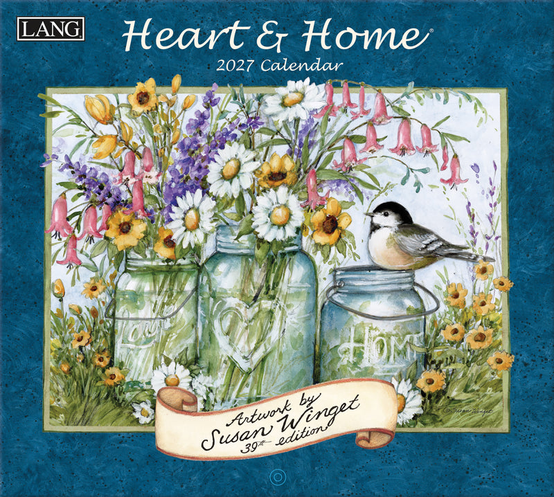 2027 calendar cover with floral design and bird on a blue background