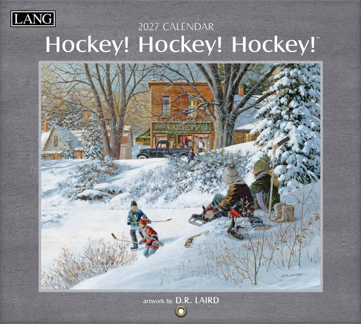 2027 Hockey! Hockey! Hockey! calendar cover with snowy scene and children playing hockey.