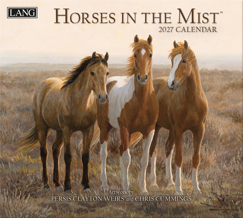 Horses in the Mist 2027 calendar with three horses in a field, featuring the Lang brand.