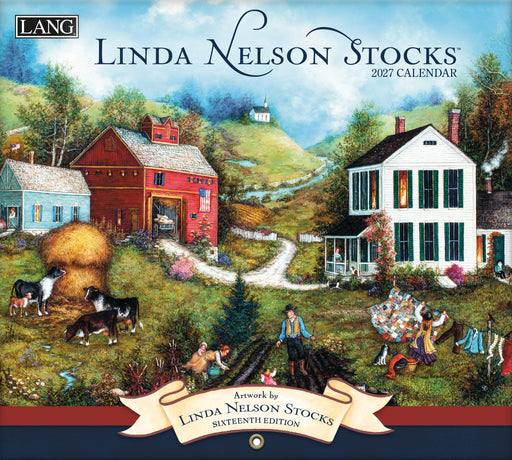 Calendar cover featuring a rural scene with houses, barn, and people by Linda Nelson Stocks
