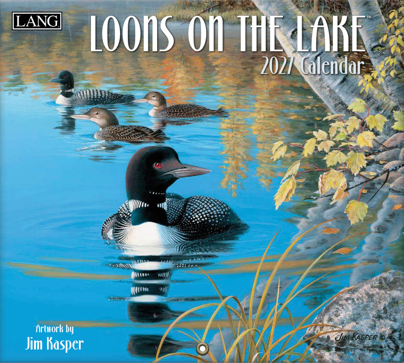 Calendar cover featuring loons on a lake with 'LANG' branding and artwork by Jim Kasper.