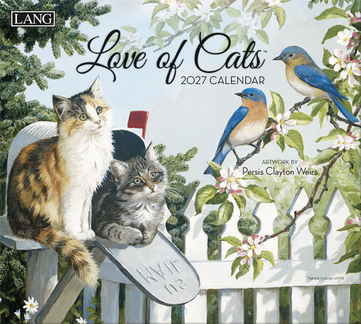 2027 calendar cover featuring cats and birds on a mailbox with 'LANG' branding.