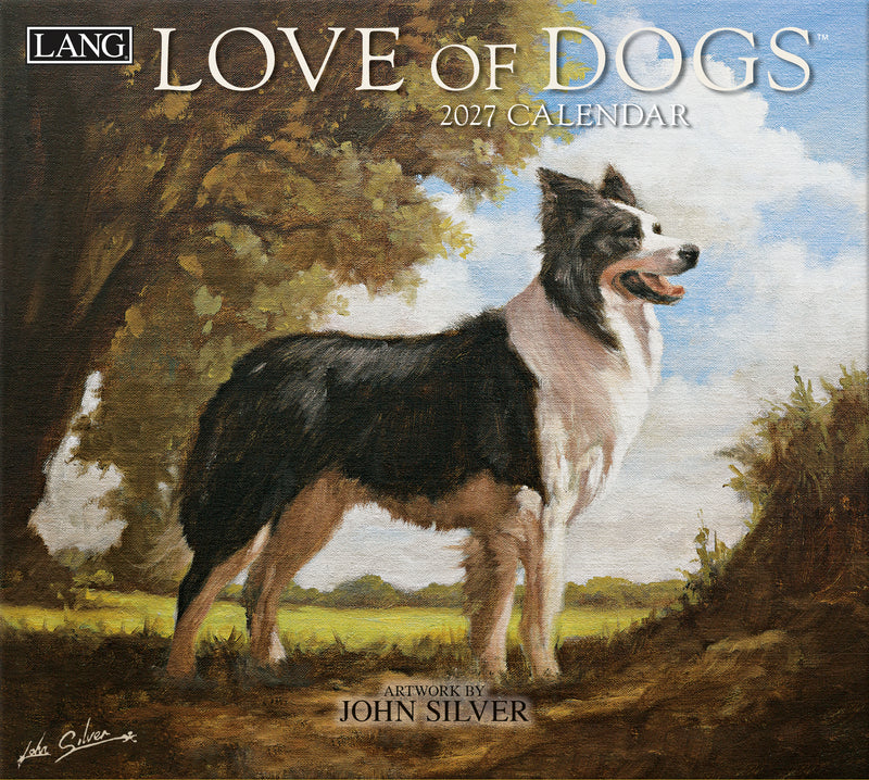 2027 calendar cover featuring a dog painting with 'Love of Dogs' text and 'LANG' branding.