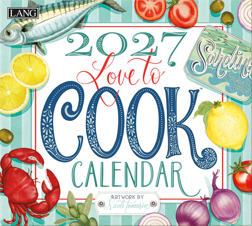 2027 Love to Cook calendar cover with food illustrations and 'LANG' branding