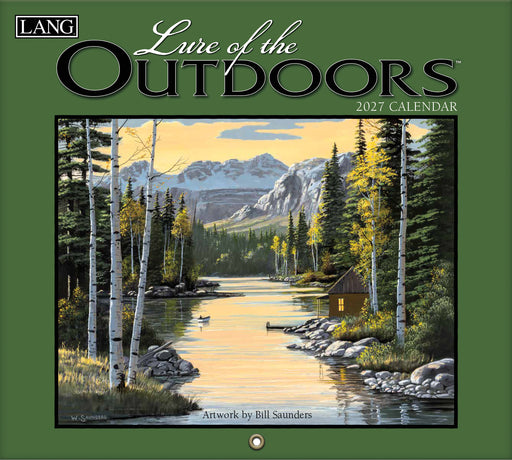 2027 calendar cover for 'Lure of the Outdoors' with a scenic painting of a lake and mountains.
