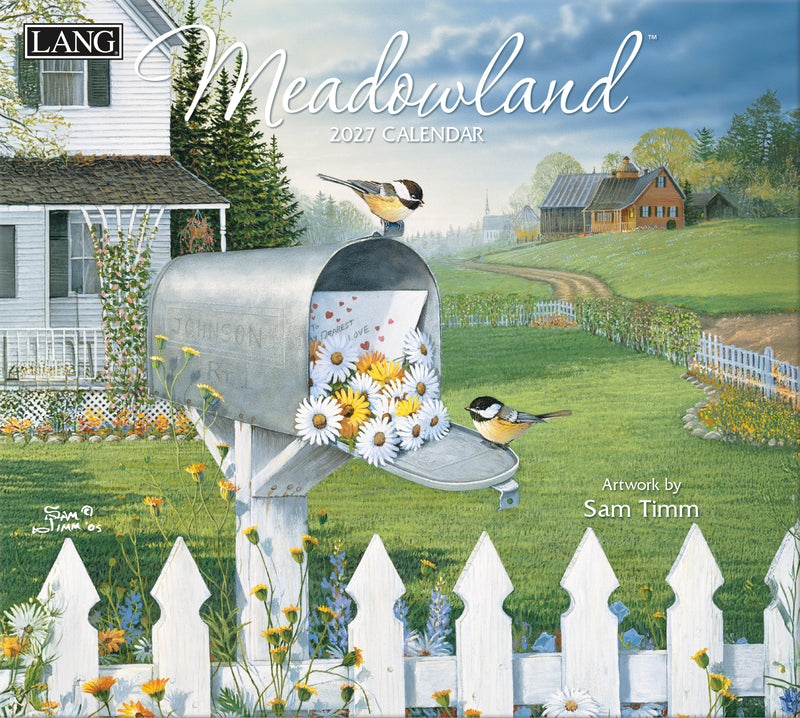 2027 calendar cover featuring a mailbox with flowers and birds, set against a scenic landscape.