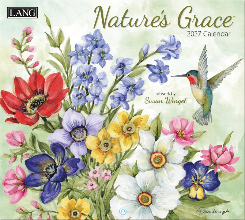 2027 calendar cover with colorful flowers and a hummingbird, featuring the brand 'LANG'.