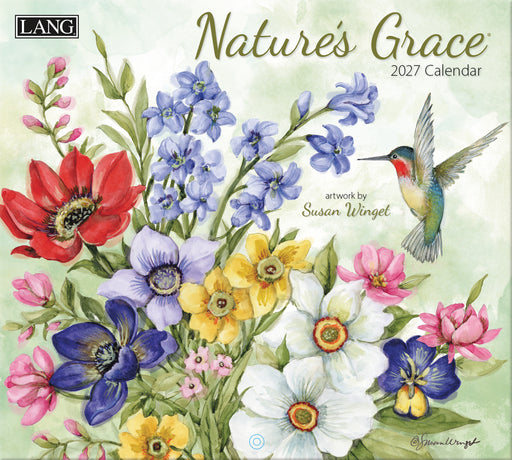 2027 calendar cover with colorful flowers and a hummingbird, featuring the brand 'LANG'.
