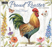2027 calendar featuring a rooster and floral design with 'LANG' branding.
