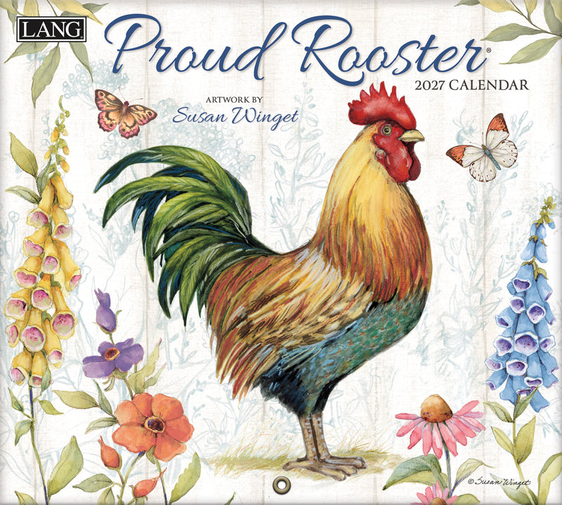 2027 calendar featuring a rooster and floral design with 'LANG' branding.