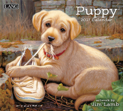 Puppy calendar cover with a dog holding a shoe, featuring the brand 'LANG' and artist 'Jim Lamb'.